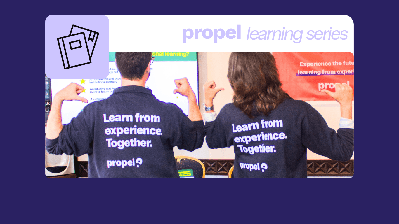 Propel's tips and tricks learning series; two people pointing at the back of their sweater which reads: learn from experience together. 